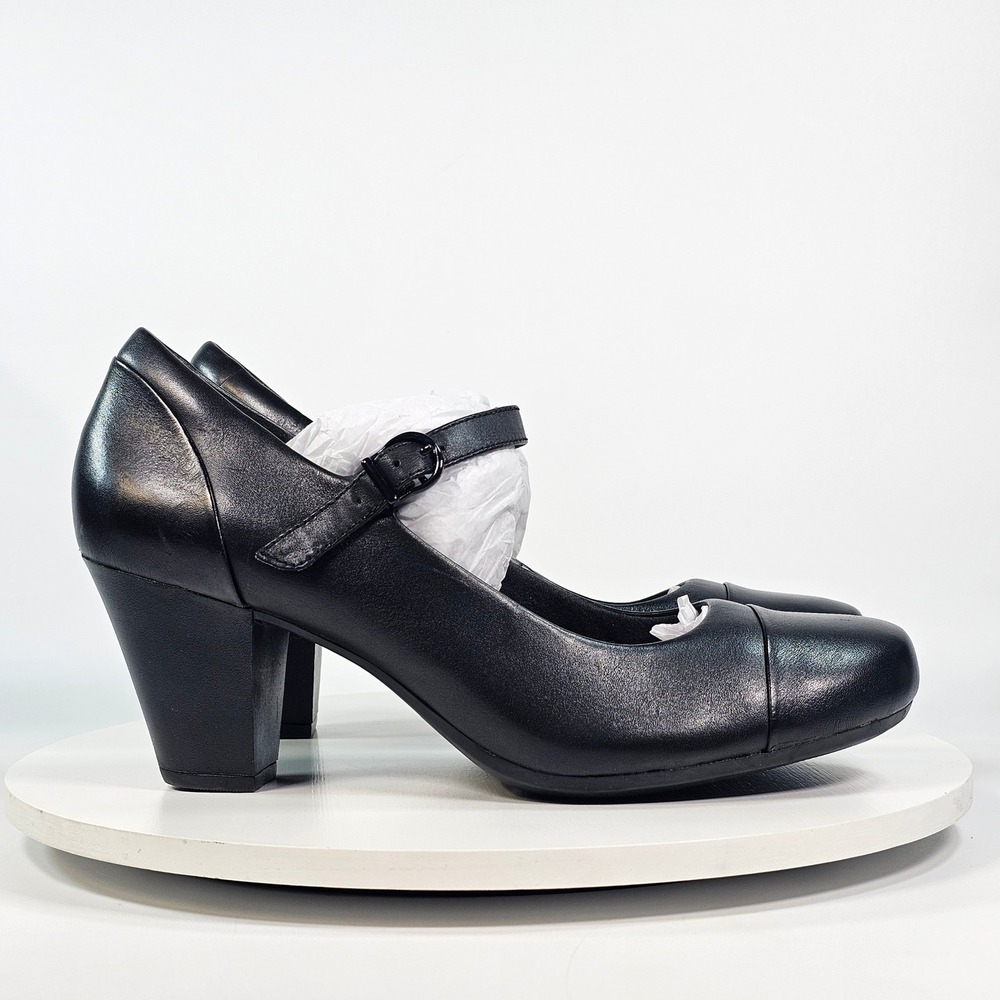 Clarks Garnit Tianna Black Leather Mary Jane Pumps Block Heel Cap Toe Shoes 8M - Picture 2 of 8